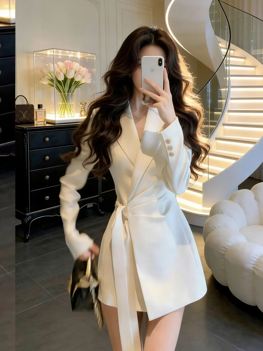 High Quality Champagne Rice Outerwear Dress Women's New 2026 Elegant Fashionable Versatile Trendy Item Commute Style Long Sleeve