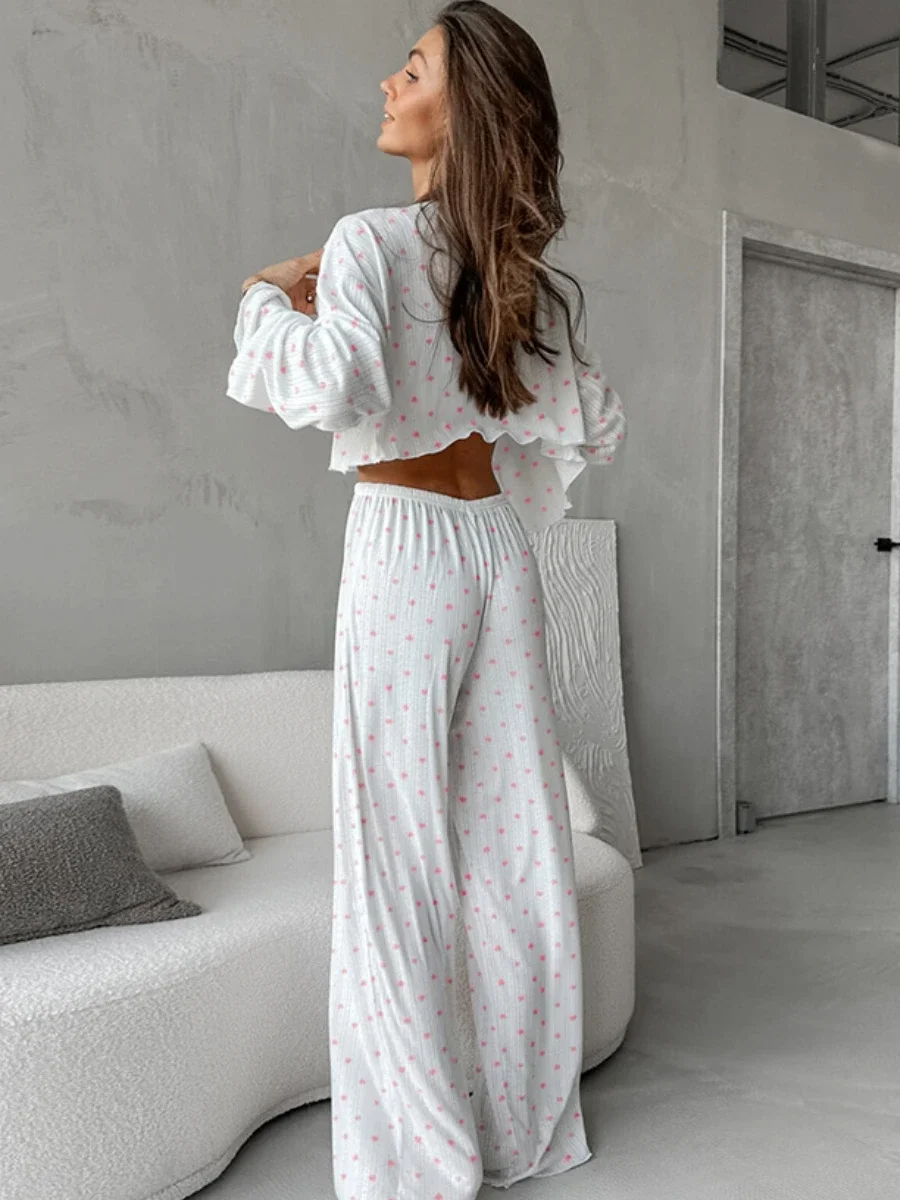 Mozuleva Love Printed Pajama Set Basic Loose Casual Nightgown Cardigan Short Long Sleeved Pants Lounge Women\'s Sleep Set