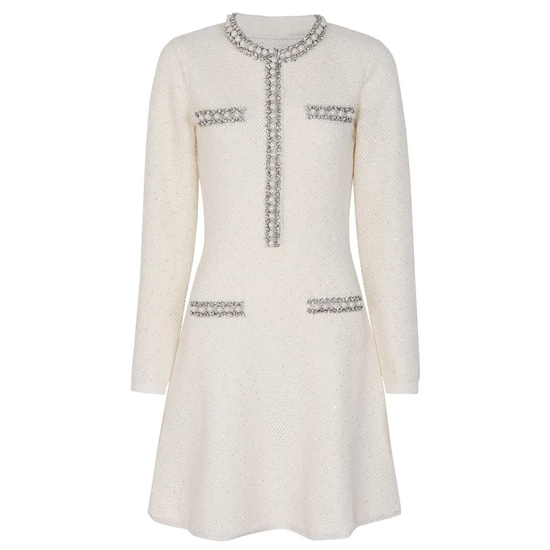 Nouveauté femmes tricot coton robe col rond perles robe trapèze