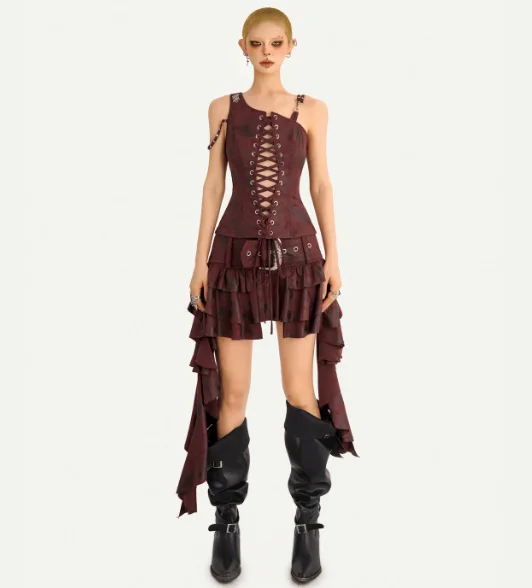 New Personalized Retro Irregular Women Belt Design Multi-layer Ruffles Short Skirt Punk Sexy Hollow Out Strapless Street Tops