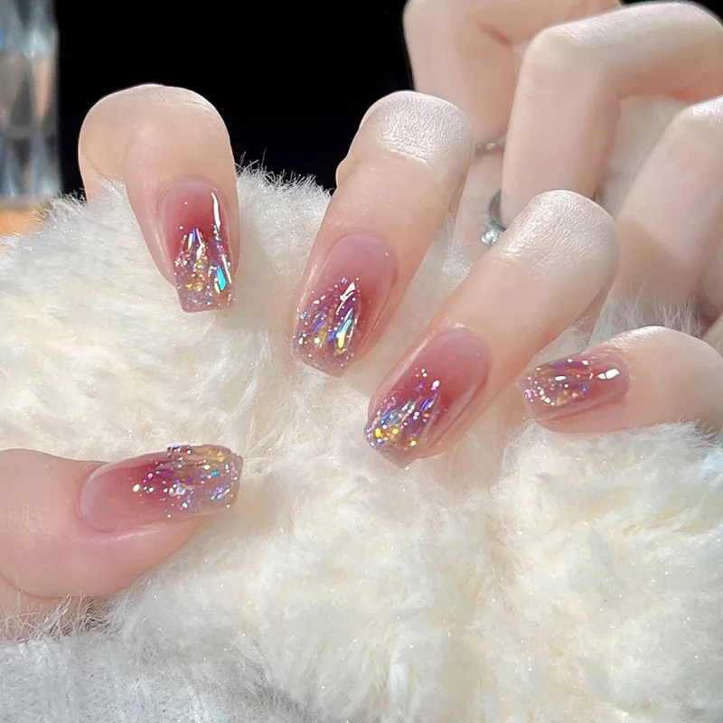 24 Stuks/1 Doos Zachte Witte Diamant Blush Glitter Ijs Penetratie Nep Nagels