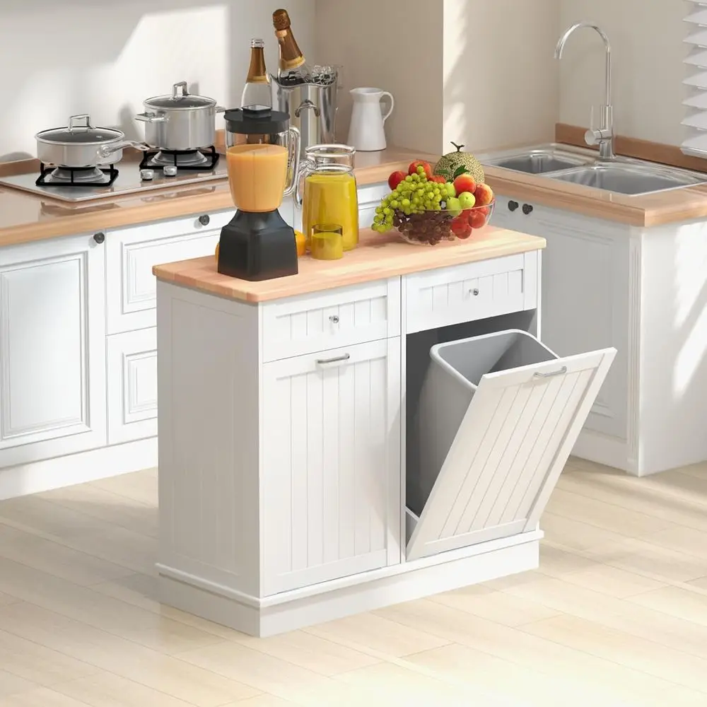 

Vintage-Style Wooden Kitchen Island with Drawer and Solid Wood Top, Tilt-Out Waste Bin, and Laundry Storage Cabinet