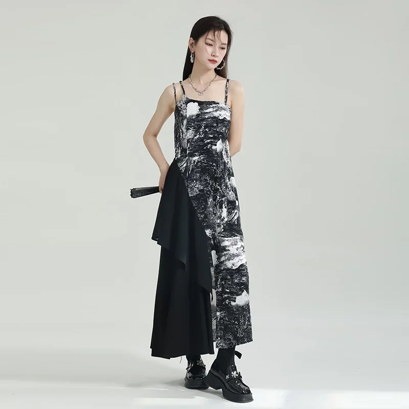 Women Sexy Strappy Black Dresses Suspender Irregular Clothes Summer Sling Tanks Splicing Print High-end Camis Streetwear Tops