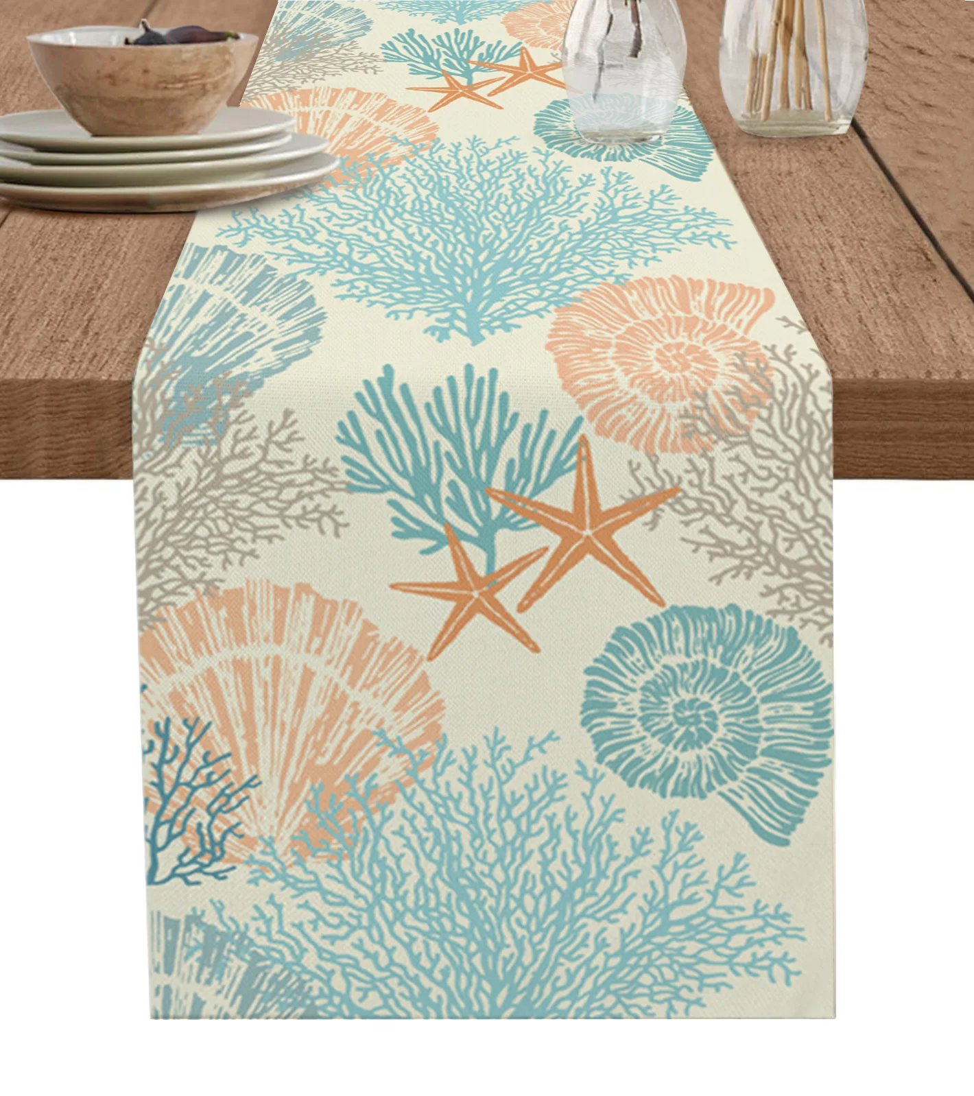 

Ocean Coral Shell Starfish Geometric Abstract Table Runner Home Wedding Table Mat Centerpieces Decoration Dining Long Tablecloth