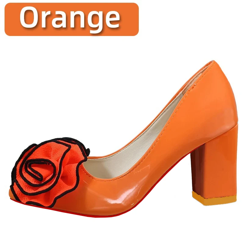 Aphixta Orange Big Rose Flowers 7cm Square Heels Pumps Women Shoes Students And Adults Pointed Toe Super Big Size 30-50 view 2