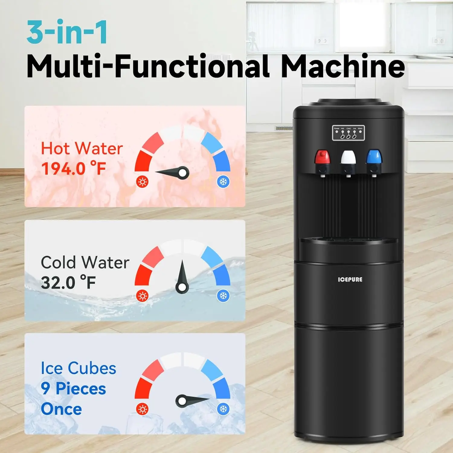 Dispenser with Ice Maker, 3-in-1 Hot and Cold Water Cooler with Built-in Bullet Ice Maker Machine, 26.5lbs/24H, Top Loading for