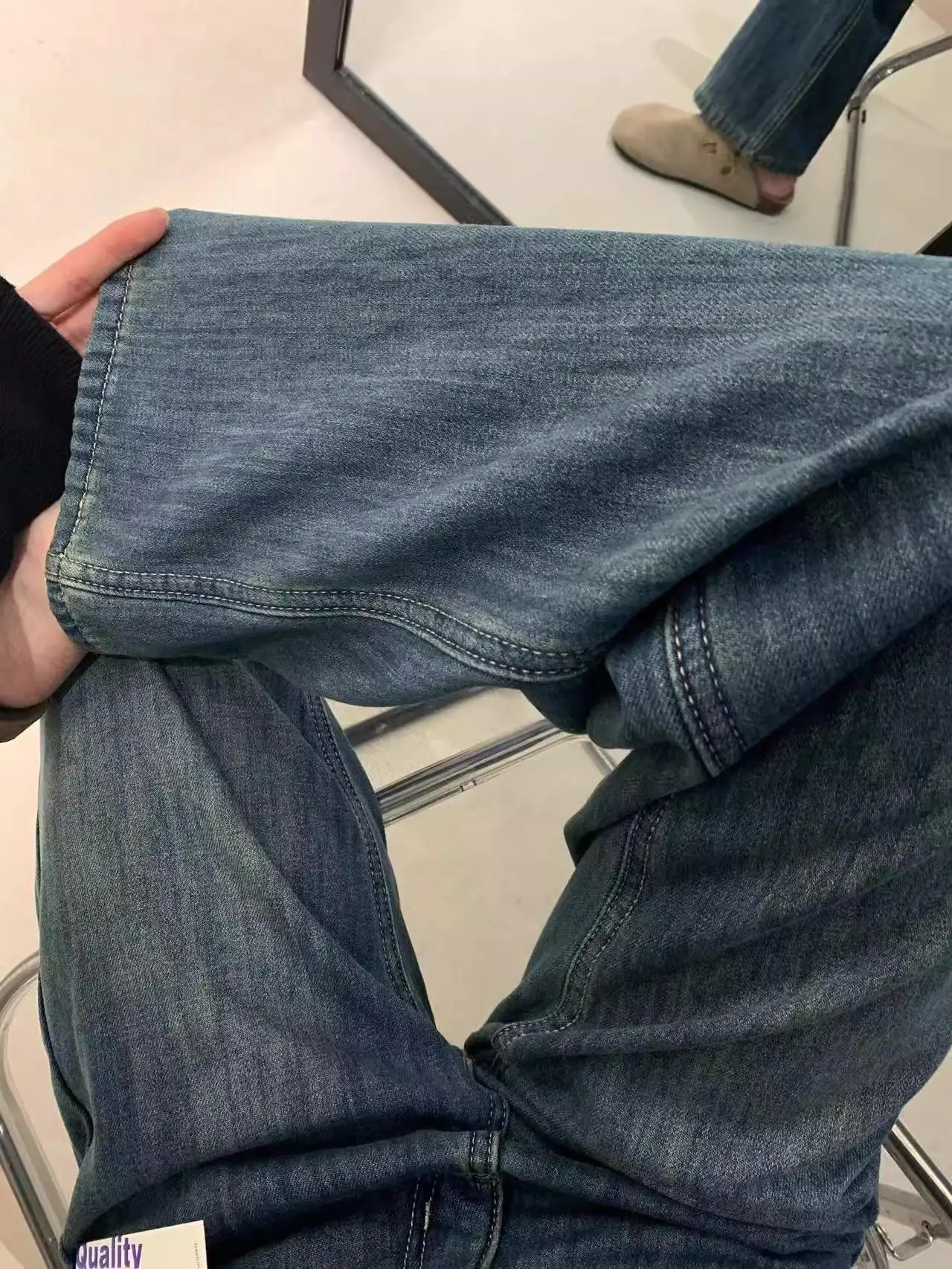 

Thiened Fce Lined Straight Leg Denim Jeans Women's Spring Autumn plus Size High Waist Drapey Hip Concealing Wide Leg Lon...