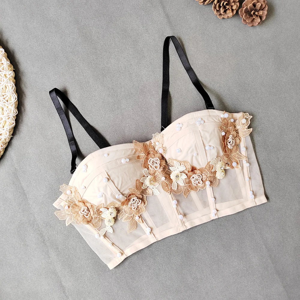 Top Corto de Mujer sin Tirantes con Cuentas y Bordado de Malla Transparente para Discoteca, Marca Montisa, Color Puro, an V...