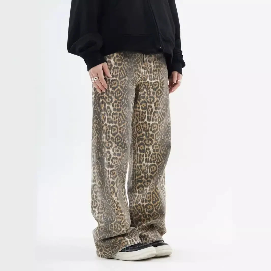 

Vintage Y2k Leopard Print Jeans Men's and Women's High Street Loose Straight Trousers Trendy Brand Wide-leg Trousers