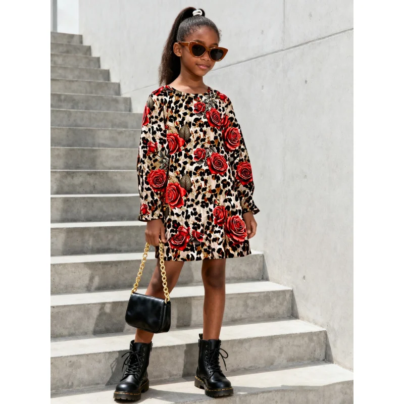 

2025 Girls Fashion Vintage Leopard Print and Red Rose Print Dress - Elegant Children's Casual Long Sleeve Dress