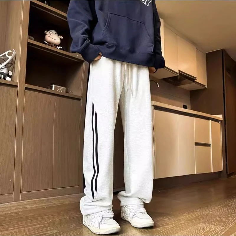 

Striped Color Collision Casual Pants Men Full Length Straight Leg Niche American Style Fashion Versatile Daily Sweatpants Male