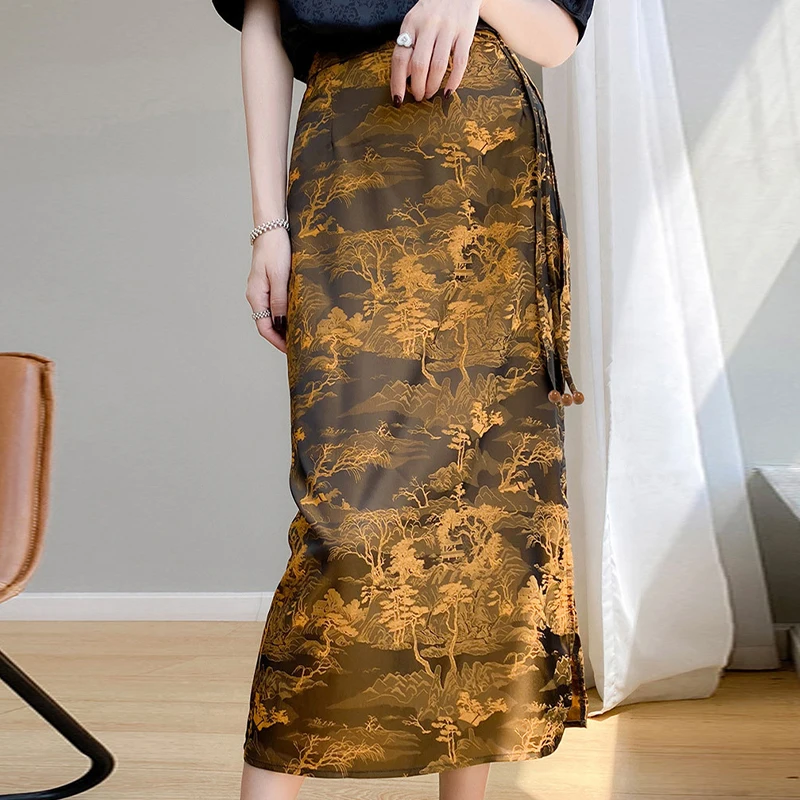 Jupe longue en satin pour femme, style chinois, vintage, été, maxi, fente latérale, cheongsam, tissage jacquard, batterie, streetwear