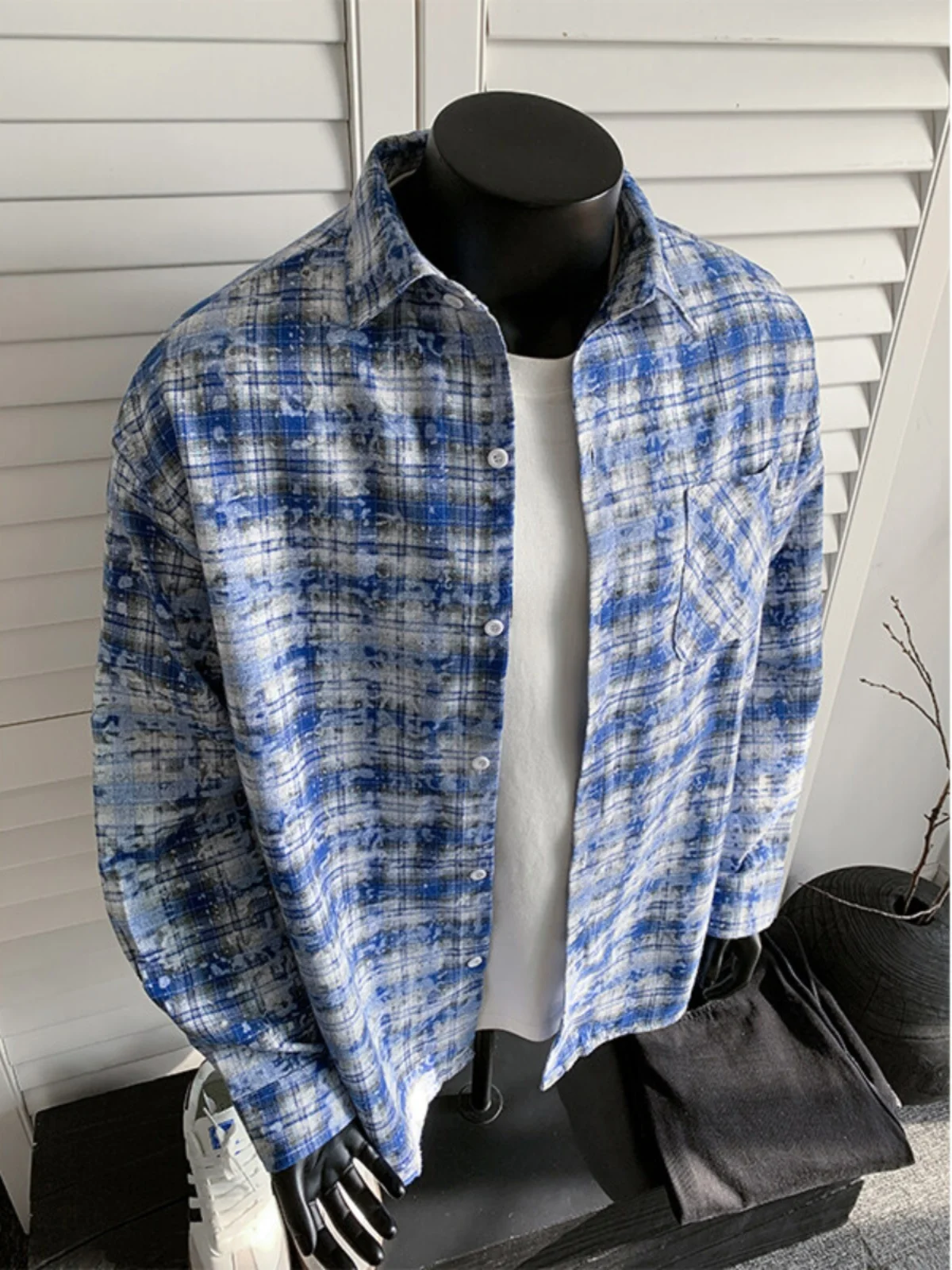

Blue Dyed Long Sve Plaid irt Men's High End Inner Wear American Retro Patterned Outerwear Casual Loose Fit Youth Trend