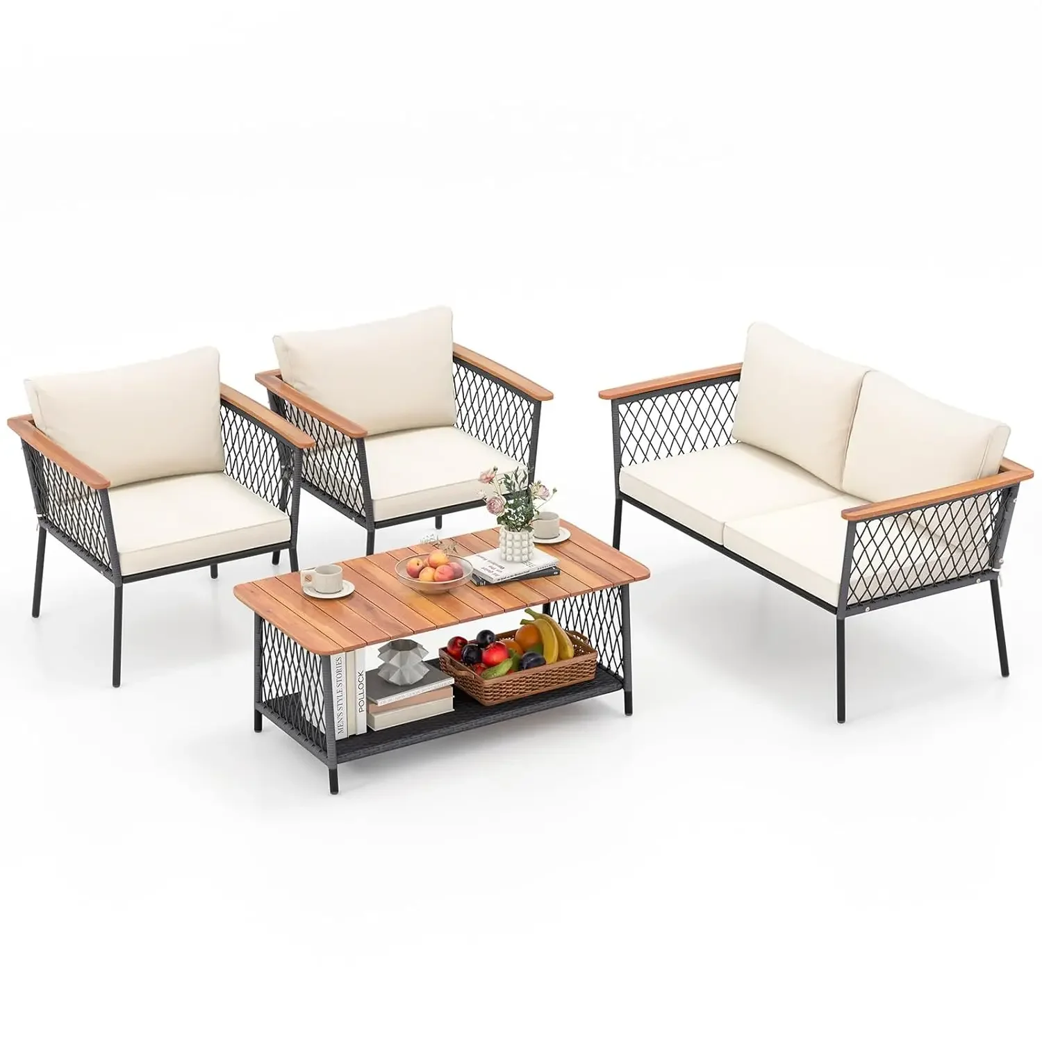 

4 Piece Patio Furniture Set Rattan Chair w/ 2-Tier Coffee Table Acacia Wood Armrests Soft Cushions Outdoor, Custom