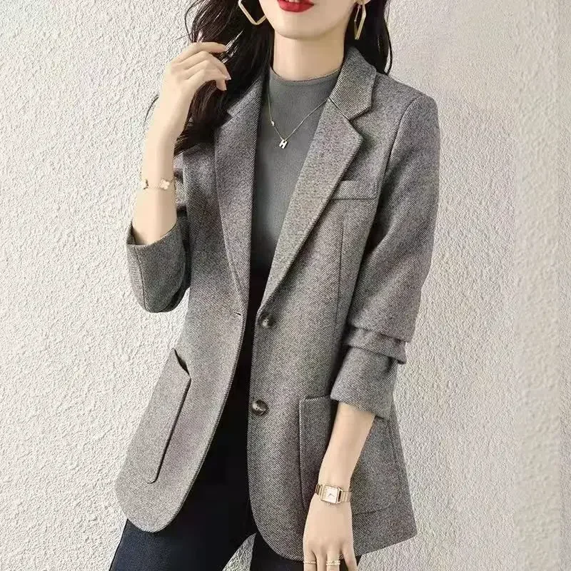 Blazer grigio Donna Lana e misto Abbigliamento Tweed Giacca solida Capispalla Cappotti slim per le donne Recensioni coreane Molte moda 2024 Porta