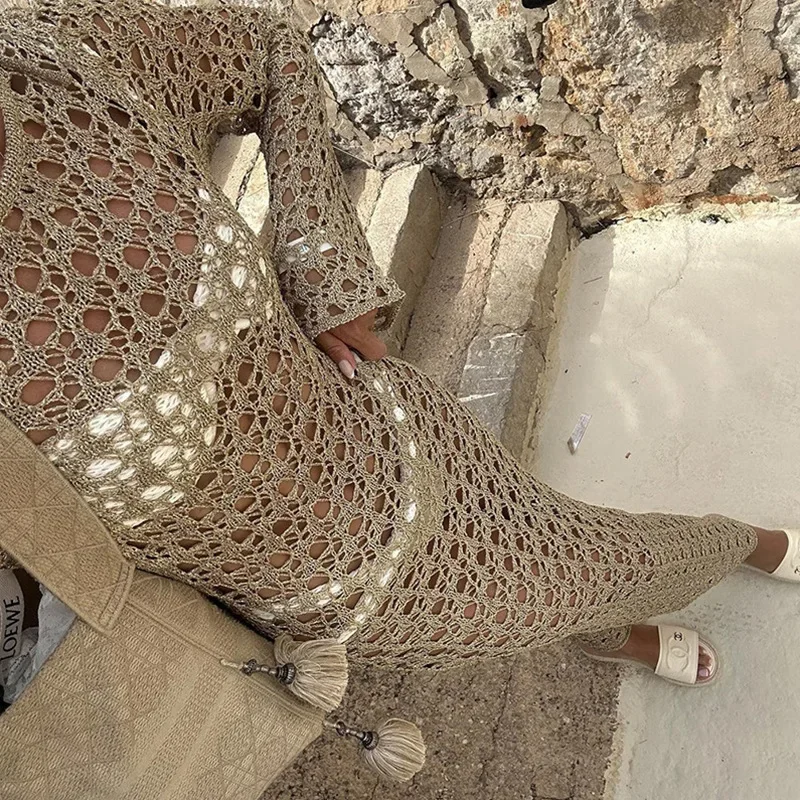Para Praia – robe longue tricotée ajourée, robe de plage, couverture de Bikini, Cover-Up pour les maillots de bain, tenues de plage Sexy pour femmes, 2024