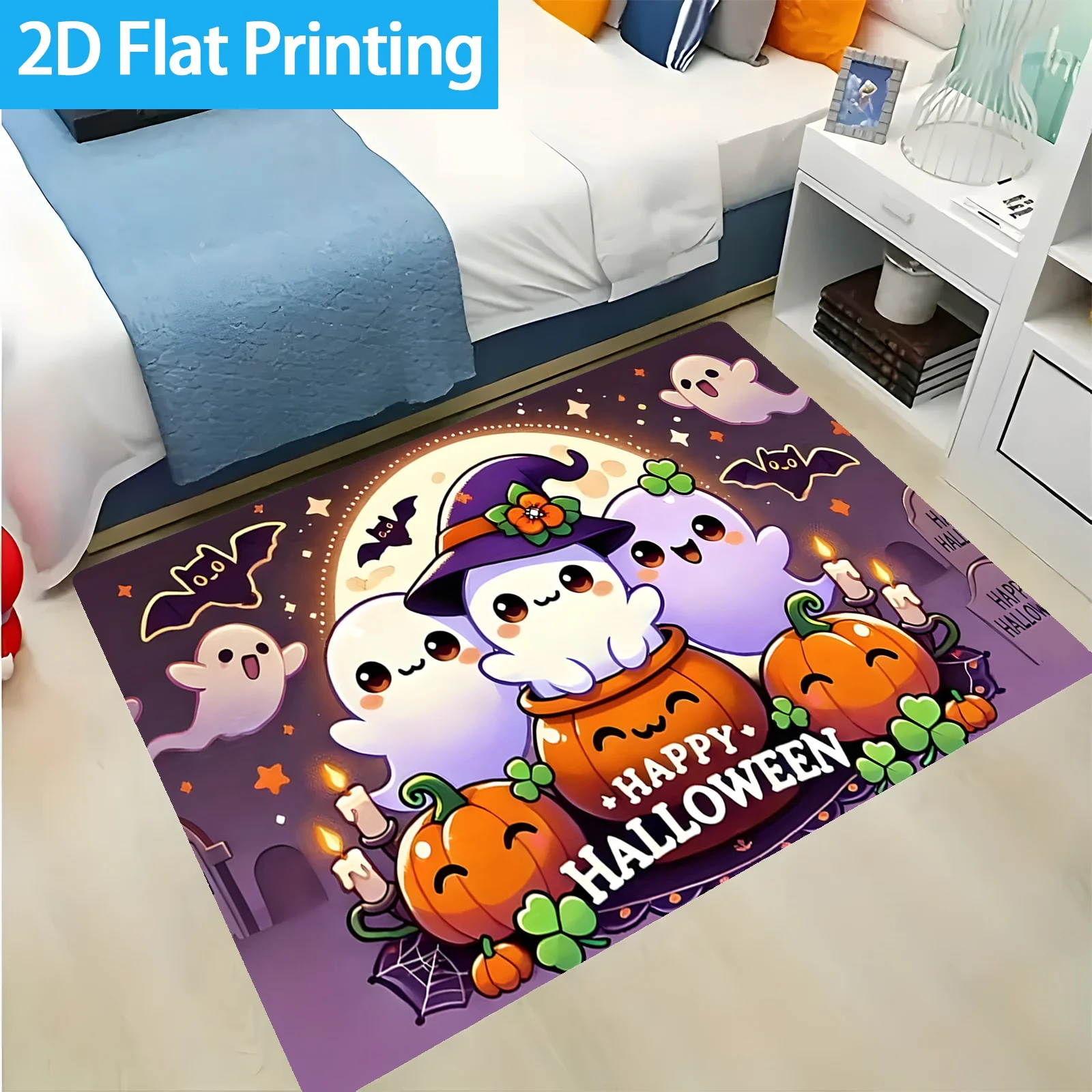 Pink Halloween Rectangle Area Rug,Ghost Pumpkin Bat Spider Web Printed Floor Carpet,Spooky Holiday Living Room Indoor