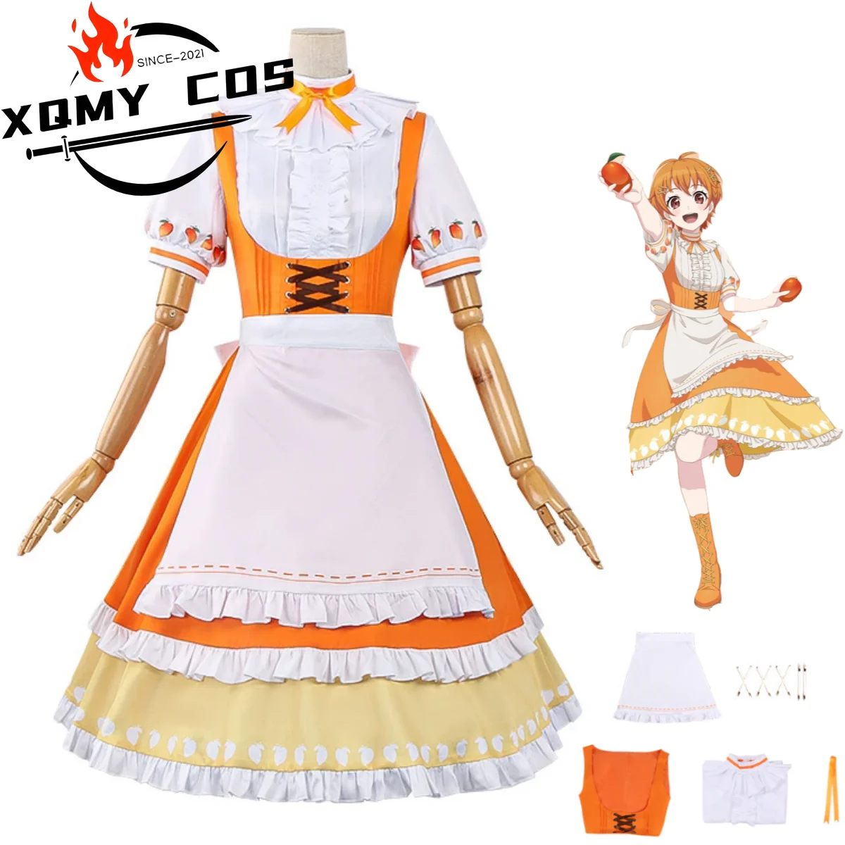 XqAnime BanG Dream! Kitazawa Hagumi Cosplay Kostüm Kapitän Hallo, Glückliche Welt! Orange Dienstmädchen Kleid Schürze Frau Kawaii Weihnachten S