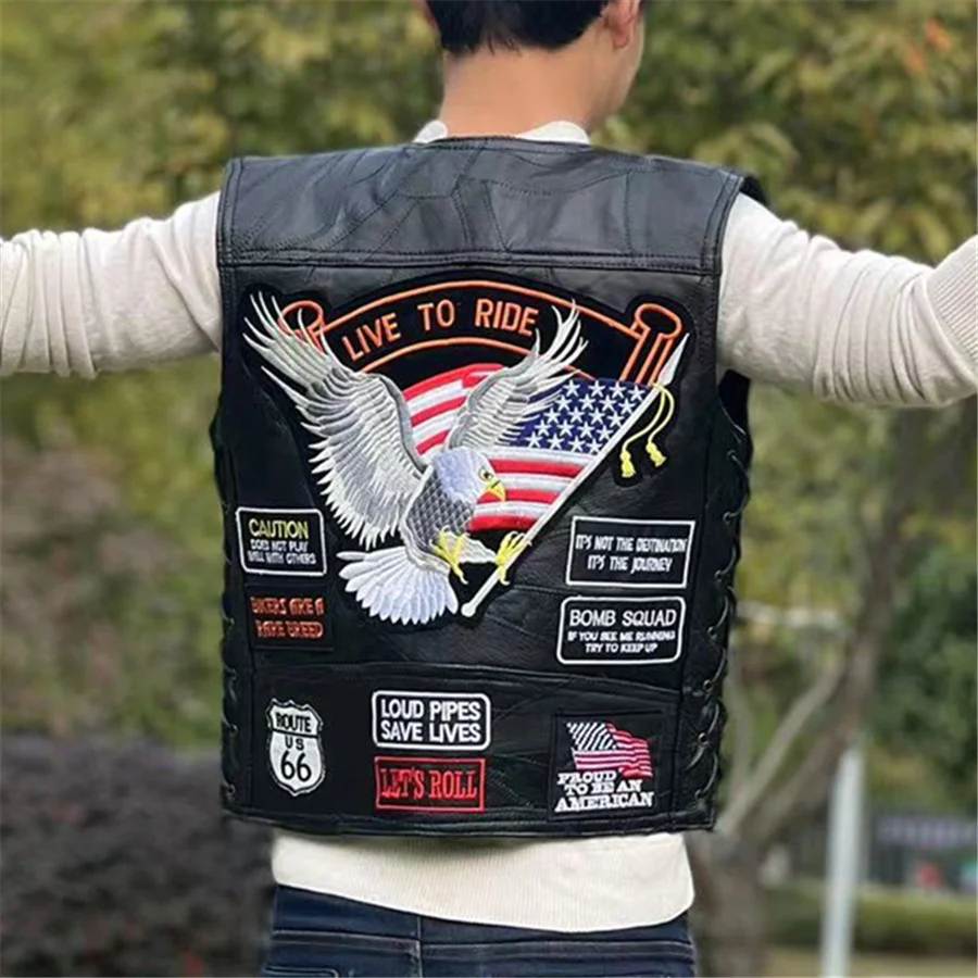 

Punk Style Men Motorcycle Leather Vest Eagle Embroidered Sleeveless Jacket Riding Biker Waistcoat Men's Clothing Black Coat