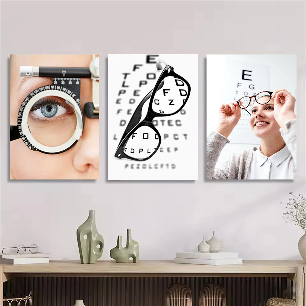 （Unframe 3PCS）-Glasses Poster Vision Chart Test Canvas Painting Optical Store Wall Art Ophthalmology Clinic Print Pictures Be
