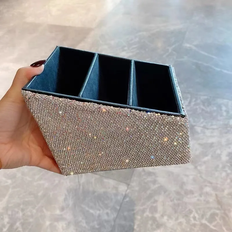 Desktop Cosmetic Storage Box with Rhinestones PU Leather Jewelry Makeup Perfume Stationery Sundries Organizer Case 3 Grid