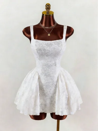 Women's Dress 2026 Spring Summer New Solid Color Square Neck Sleeveless Cinched Waist Lace Flower Bud Fluffy Mini Dress