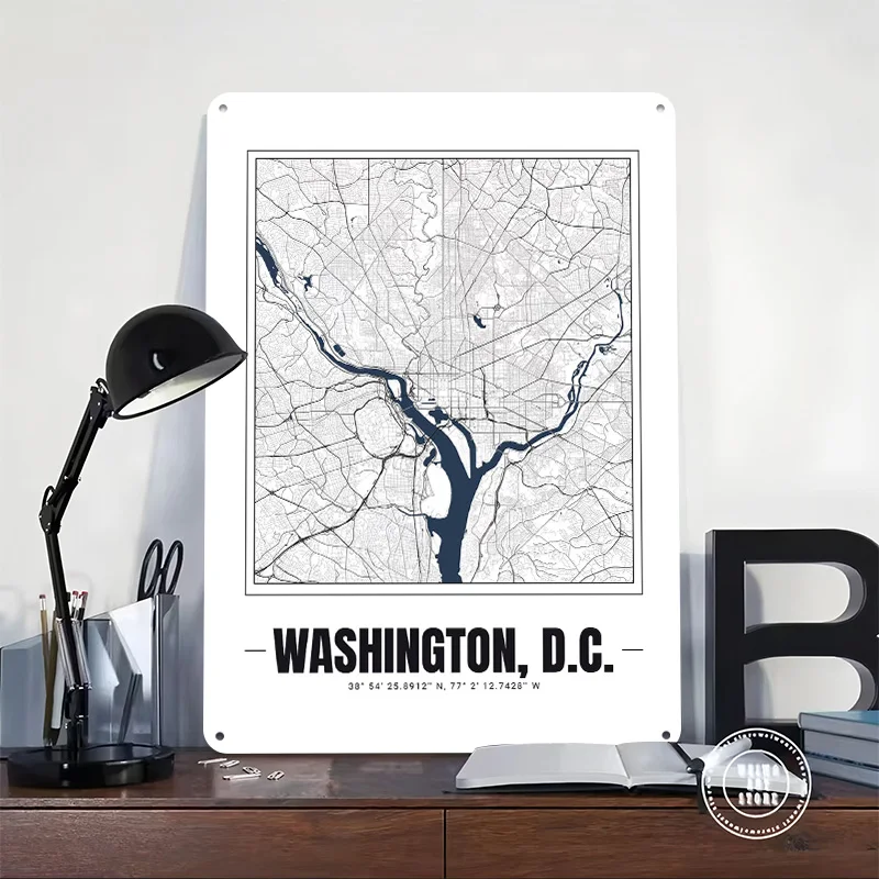 Washington D.C. Map Personalized 3D Textured Metal Poster Wall Art Tinplate Sign for Vintage Decor Room Decorating Interior Home