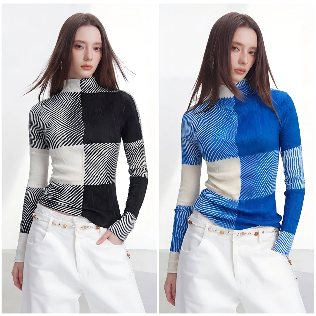 High-end versatile base layer top, all-season, draped, pleated, thin, long-sleeved, slim fit, textured Miyake T-shirt