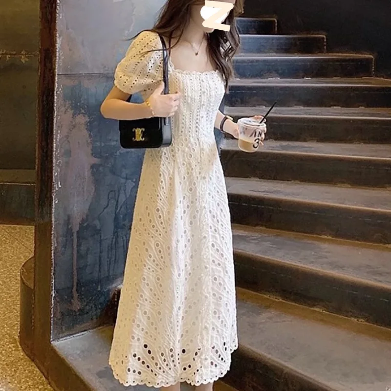 

French Simple Summer Camellia Embroidery Long Dress Women's Tea Break Style Empire Waist Poly Fiber Short Sleeve Dress