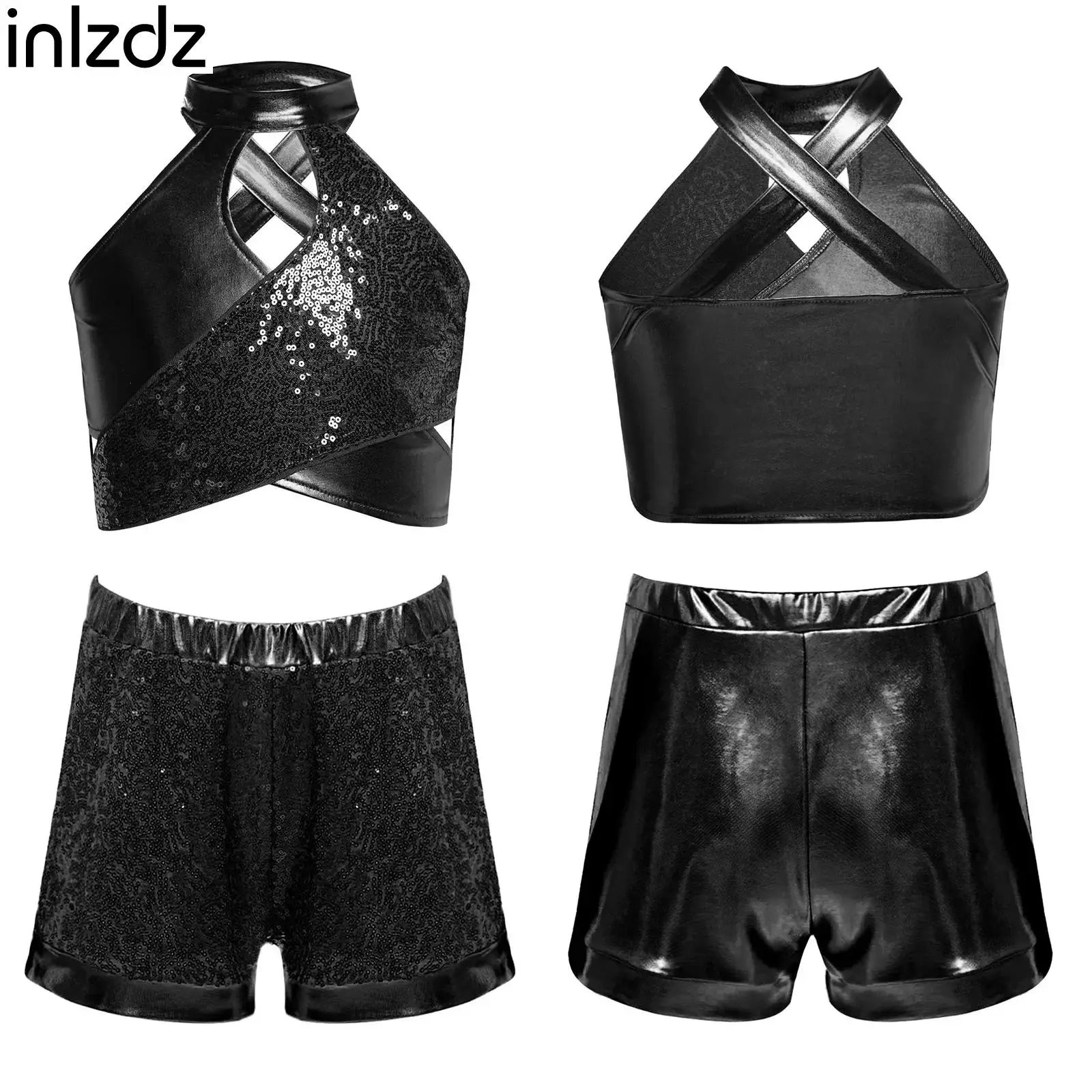 

Girls 2Pcs Jazz Hip Hop Dance Outfits Performance Costumes Sleeveless Sequins Metallic Crop Top+Shorts Set for Stage Show Party