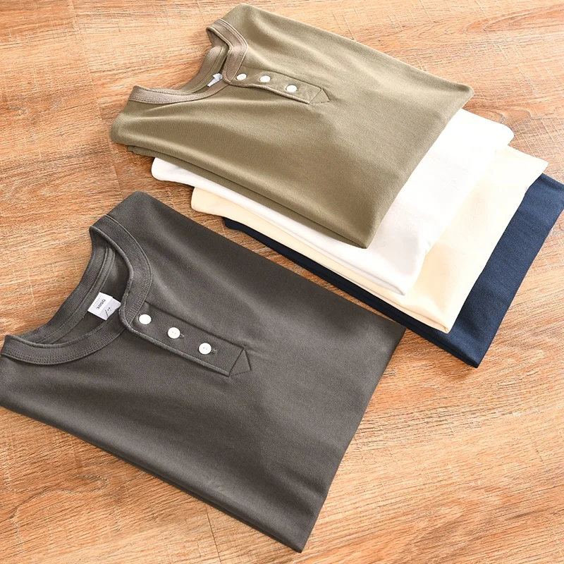 300 Grams Premium Sulphur Cotton Men's Vintage American Style Long Sleeve T-Shirt Henry Collar Pure Color Winter Fashion