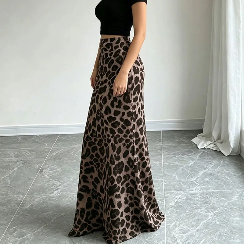 Vintage Leopard Print Long Skirts Women Elegant Slim Fit High Waist Fishtail Skirt Female Streetwear Party Floor Length Skirts