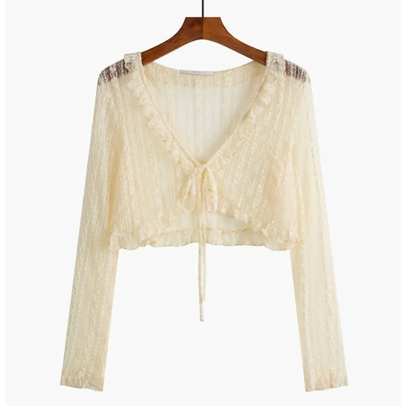 Women Lace Knit Printed Light Long-Sleeved Cardigan Summer Casual Loose Sun Short Jacket