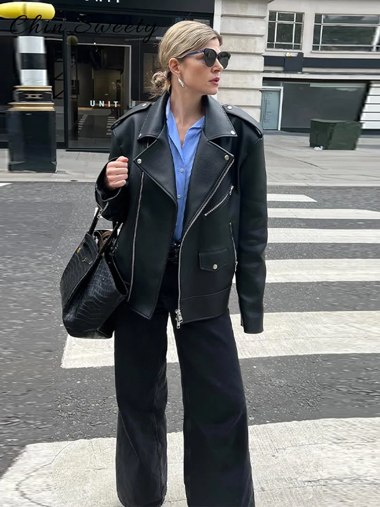 

Street Women's Asymmetric Zippers Leather Jacket Loose Solid Lapel Full Sleeve Pockets Coat 2025 Autumn Winter Lady Chic Outwear