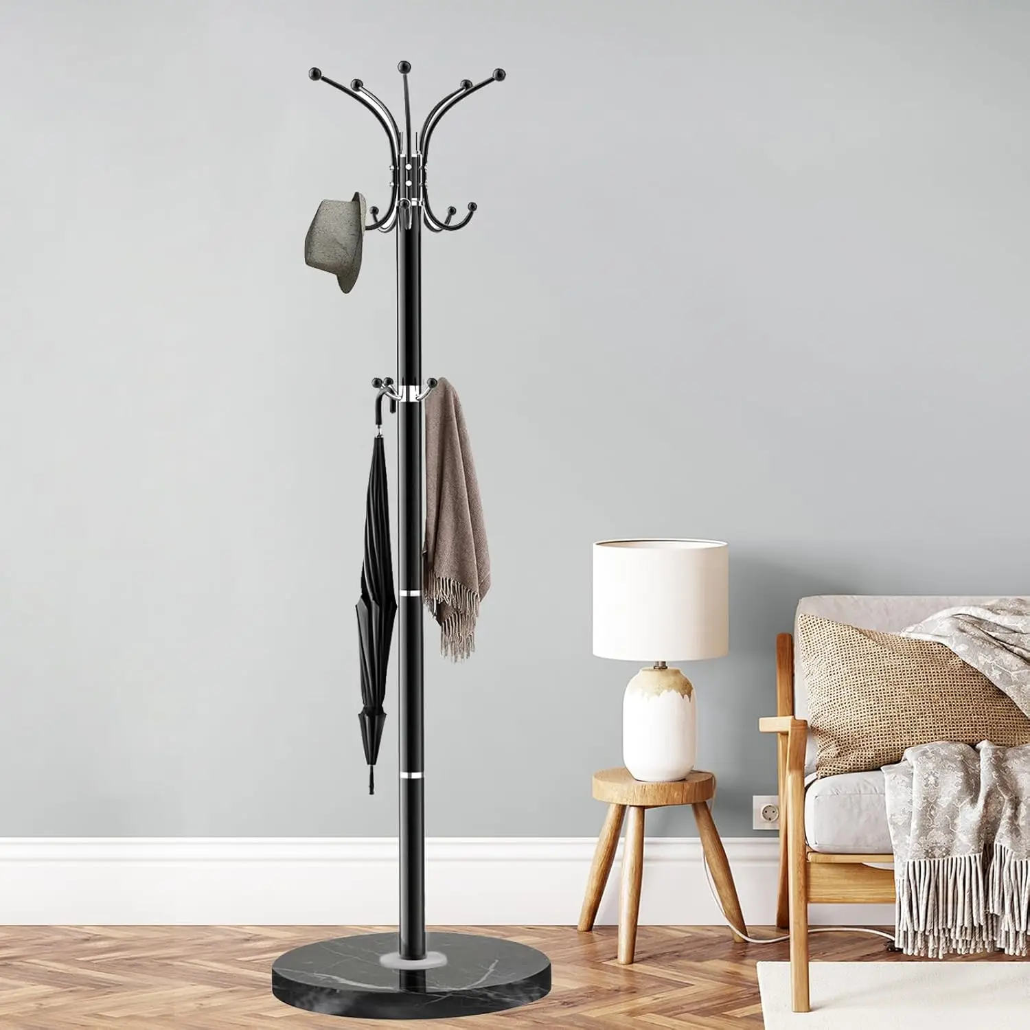 

Modern Freestanding Coat Rack with Marble Base, 360° Rotary Hooks for Entryway and Office Storage