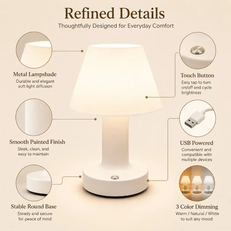Round Mushroom Table Lamp USB Metal LED Three Color Dimmable Bedside Night Light for Bedroom Desk Living Room Home Decor Gift
