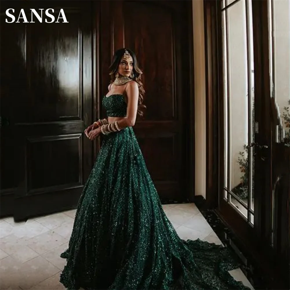 Sansa Luxury Dark Green Prom Dress Sexy Spaghetti Strap Ball Gown فساتين سهره فاخره Elegant Sequins Sweep Tail Vestidos De Noche