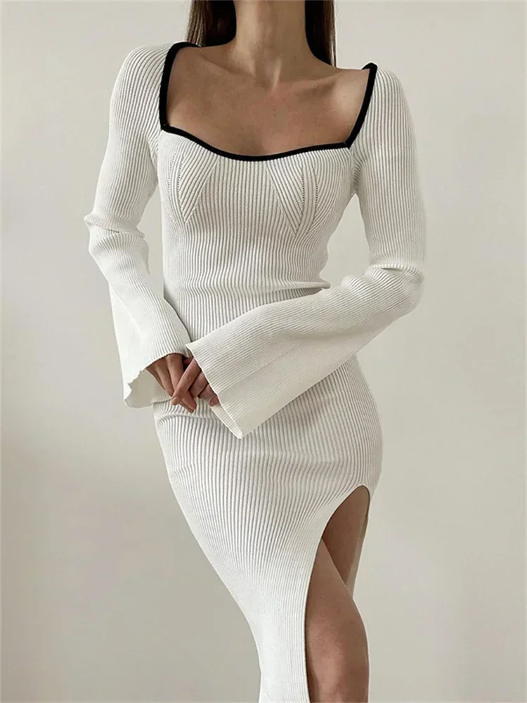 

Knit Ribbed Fashion Long Dress Women Square Collar Slim Patchwork Long Sleeve Elegant Party Dress Knitwear Autumn Dress