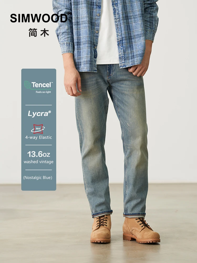 SIMWOOD 2024 Autumn Winter Comfortable Tapered 13oz Tencel Soft Comfortable Elastic Fabric Jeans Men Casual Denim Pants