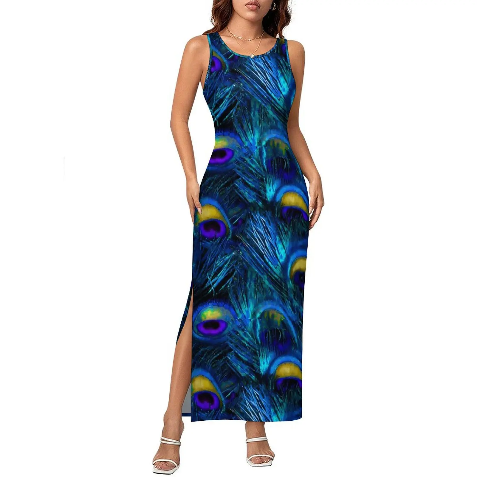 Woman Bodycon Dress Pretty Peacock Feather Maxi Dresses Summer Animal Print Sleeveless Street Wear Graphic Dress Big Size 4XL