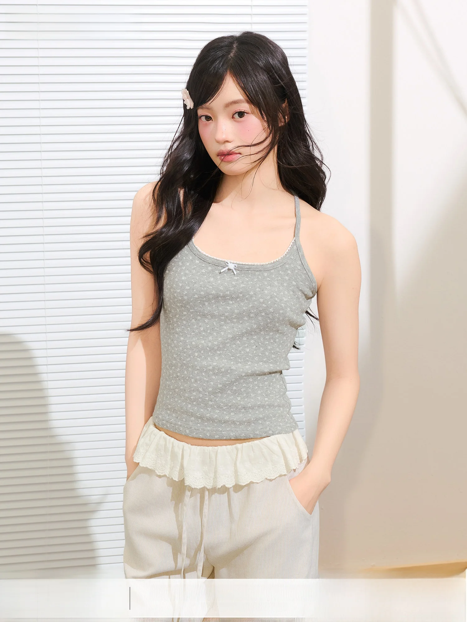 

Umoumo Summer Basic Slim Fit Camisole with Ruffle Strap And Knot Waist Cinching Inner Wear Women's Cotton Vest