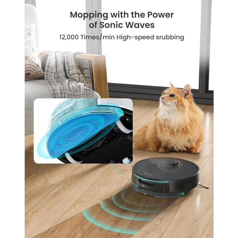 Robot Vacuum e Mop Combo, Sucção 4000Pa, Mapeamento de Precisão com Sensores Lidar e DTAF, Detecção de Tapete Ultrassônico