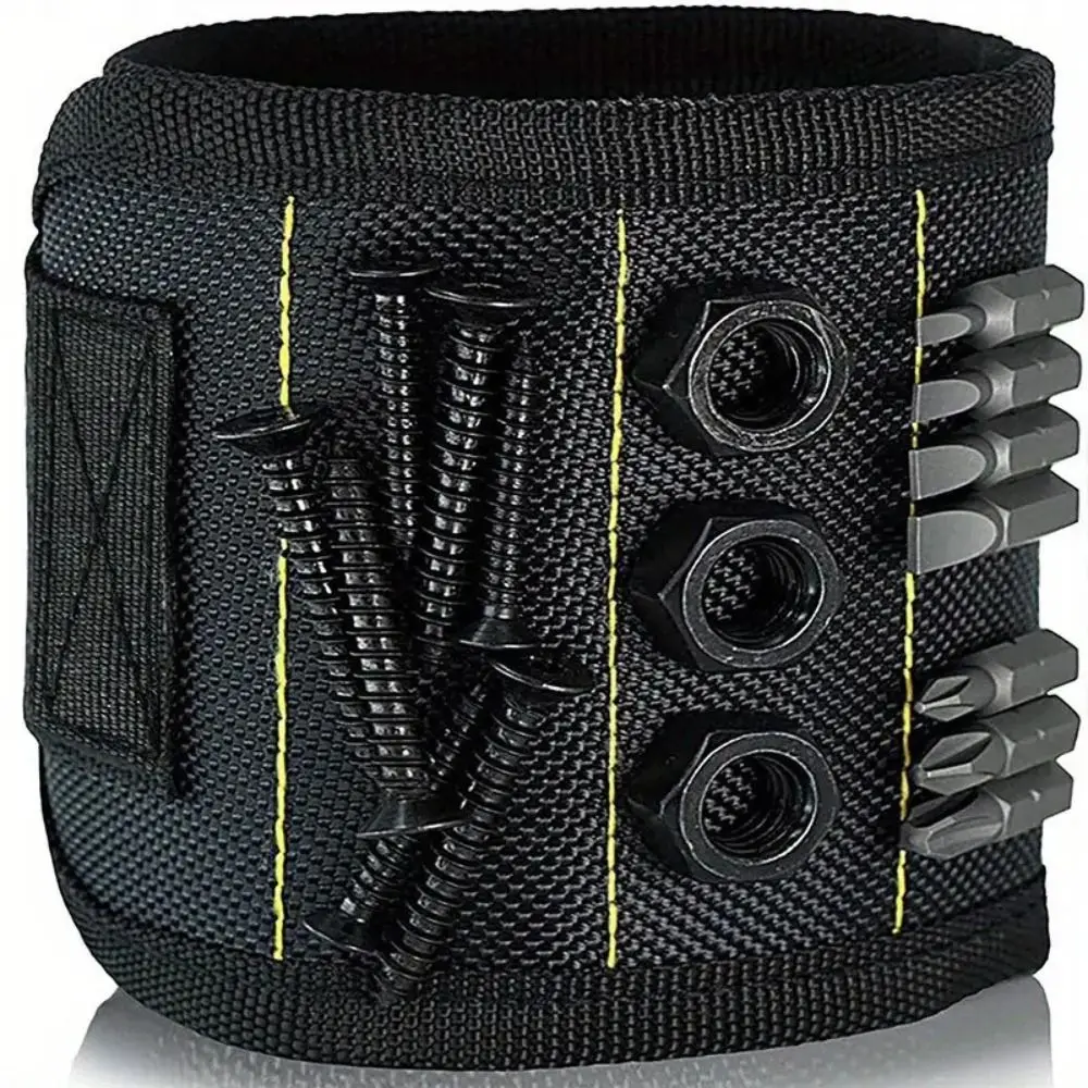 3-Row 6-Magnet Magnetic Wristband Hook-and-Loop Strap Powerful Magnet Magnetic Tool Holder Heavy Duty Black Tool Wristband