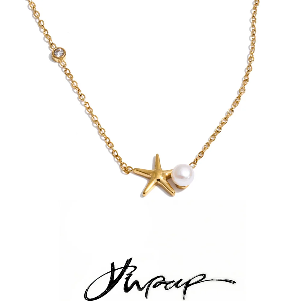 Yhpup Ocean Series Stainless Steel Natural Pearl Starfish Drop Necklace Summer Popular Aesthetic Jewelry Recommend