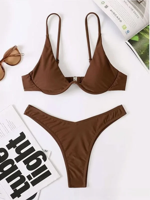 Женский купальник-бикини чистого цвета, 2023, спортивный дизайн Fitn e со стальным кольцом, отдельные купальники из полиэстера