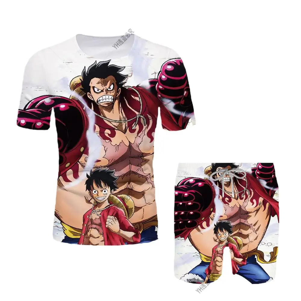 

Anime One Piece Men T-shirt Round Neck Set Fashion Casual 3D Top Short Sleeve Shorts Two-piece Set Costume Luffy Boys Cosplay