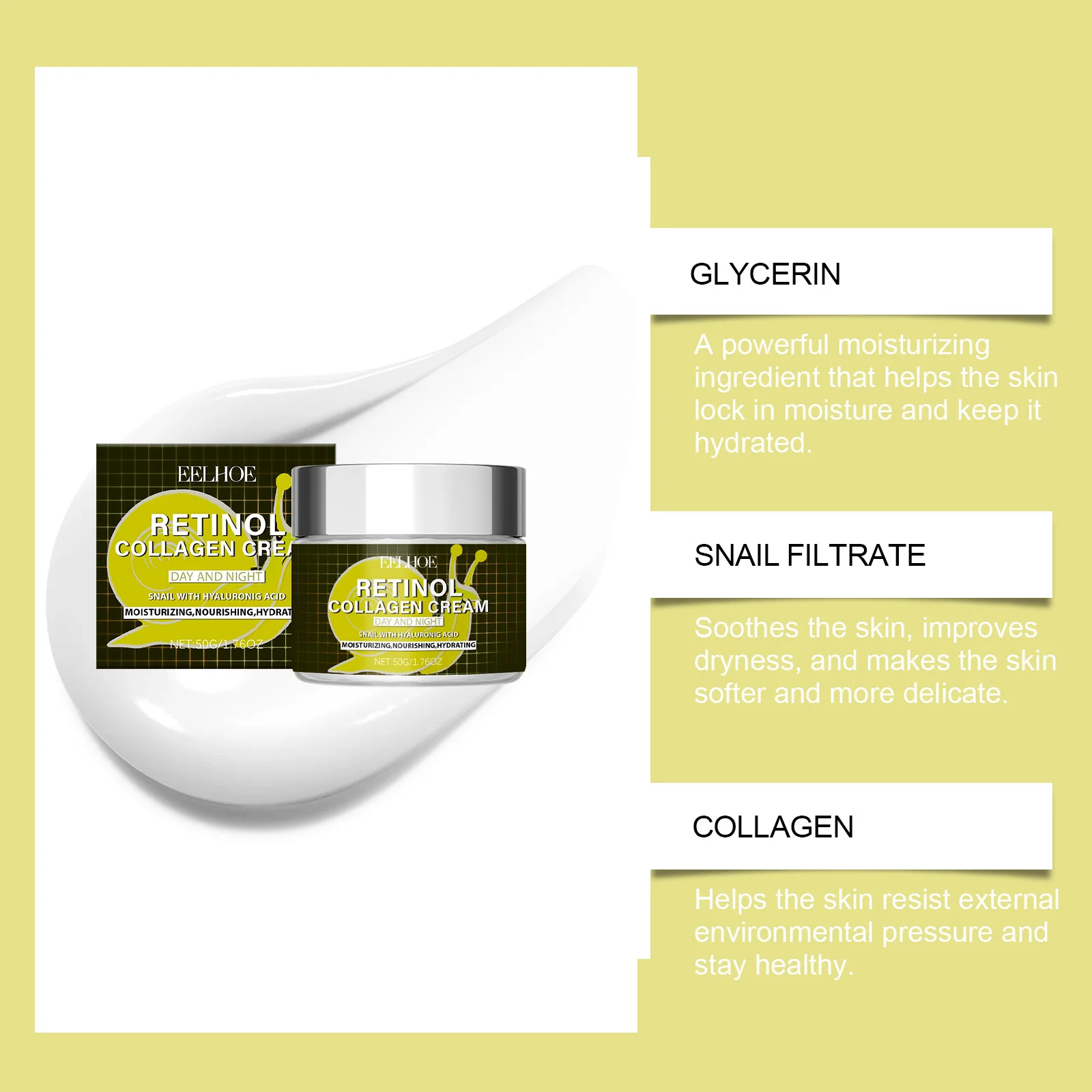 콜라겐 크림 – 달팽이 뮤신과 히알루론산이 함유된 주야간 보습제 – 수분 공급, 영양 공급 안티에이징 페이스 크림