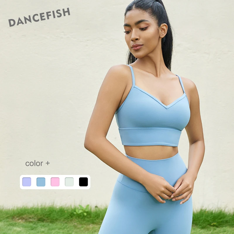 DANCEFISH Sexy V-Neck Camisole Vest Women's Deep U-Back Sports Underwear Removable Chest Pad Fitness Pilates Jogging Yoga Bra