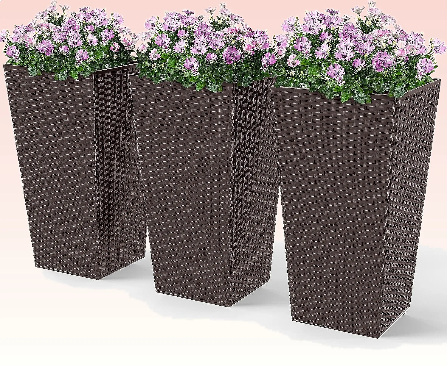 Outsunny 24in Tall Taper Planters Set of 3, Rattan Plant Pots with Drainage Holes for Indoor Outdoor Patio