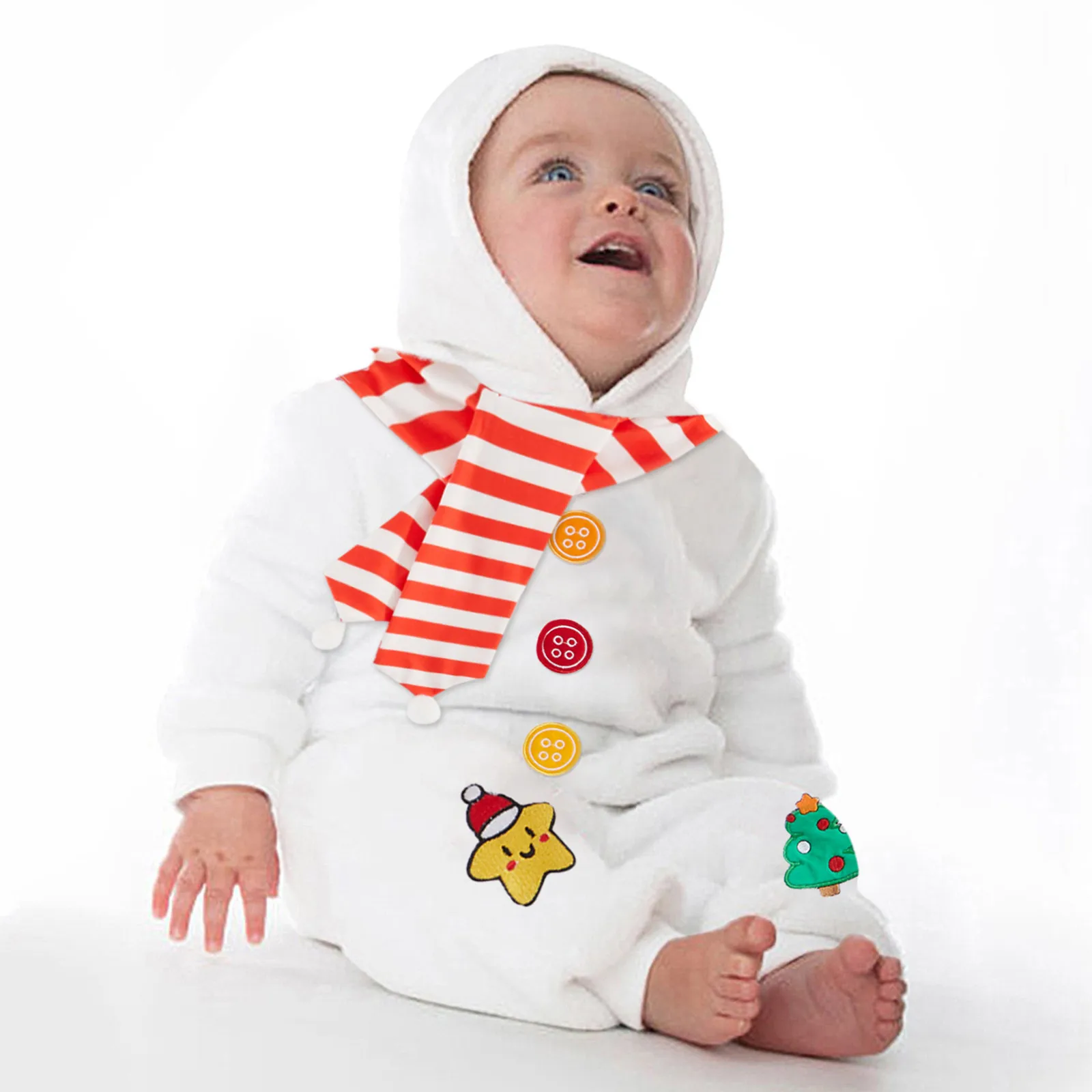 Infant Boys Girls Christmas Long Sleeve Romper Cartoon Snowman Cosplay Outfits Hooded Fleece Costume Jumpsuit With Scarf Outfits